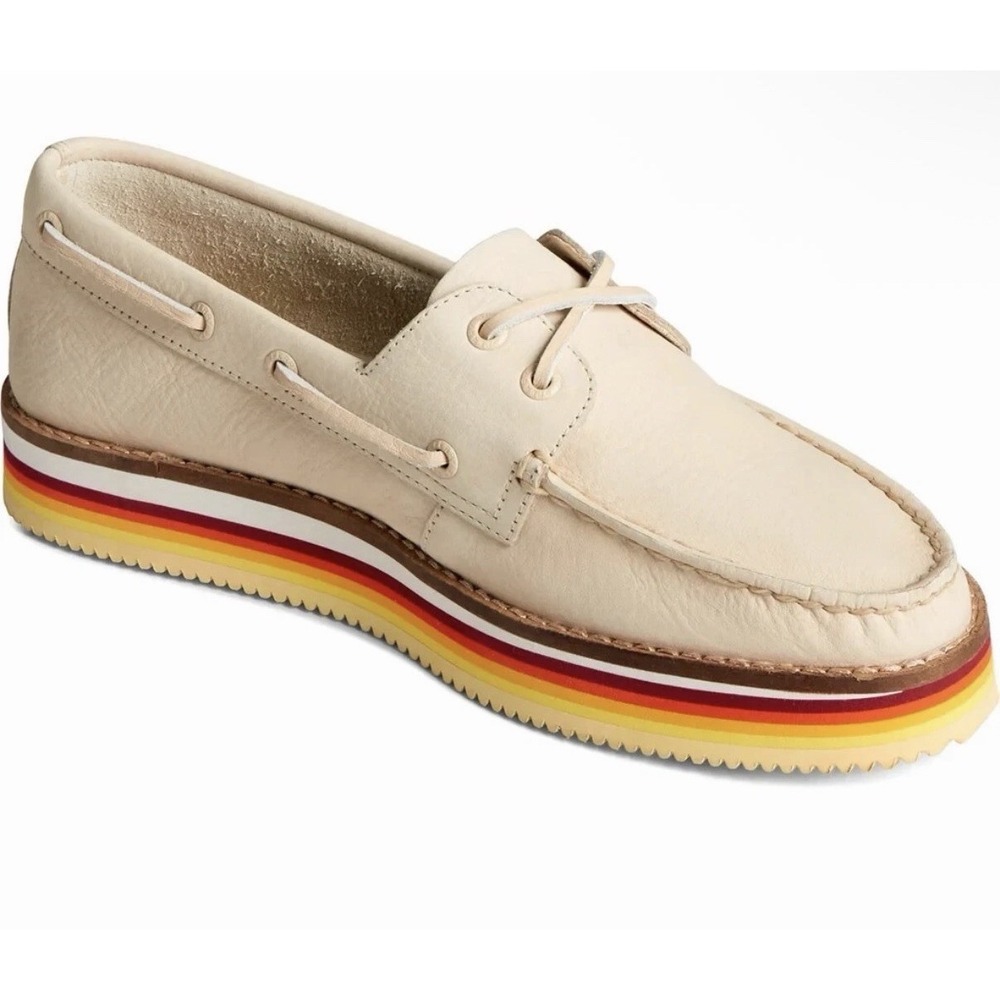NIB Sperry 10 M Authentic Original Stacked Boat Shoe Retro Stripe Ivory Leather